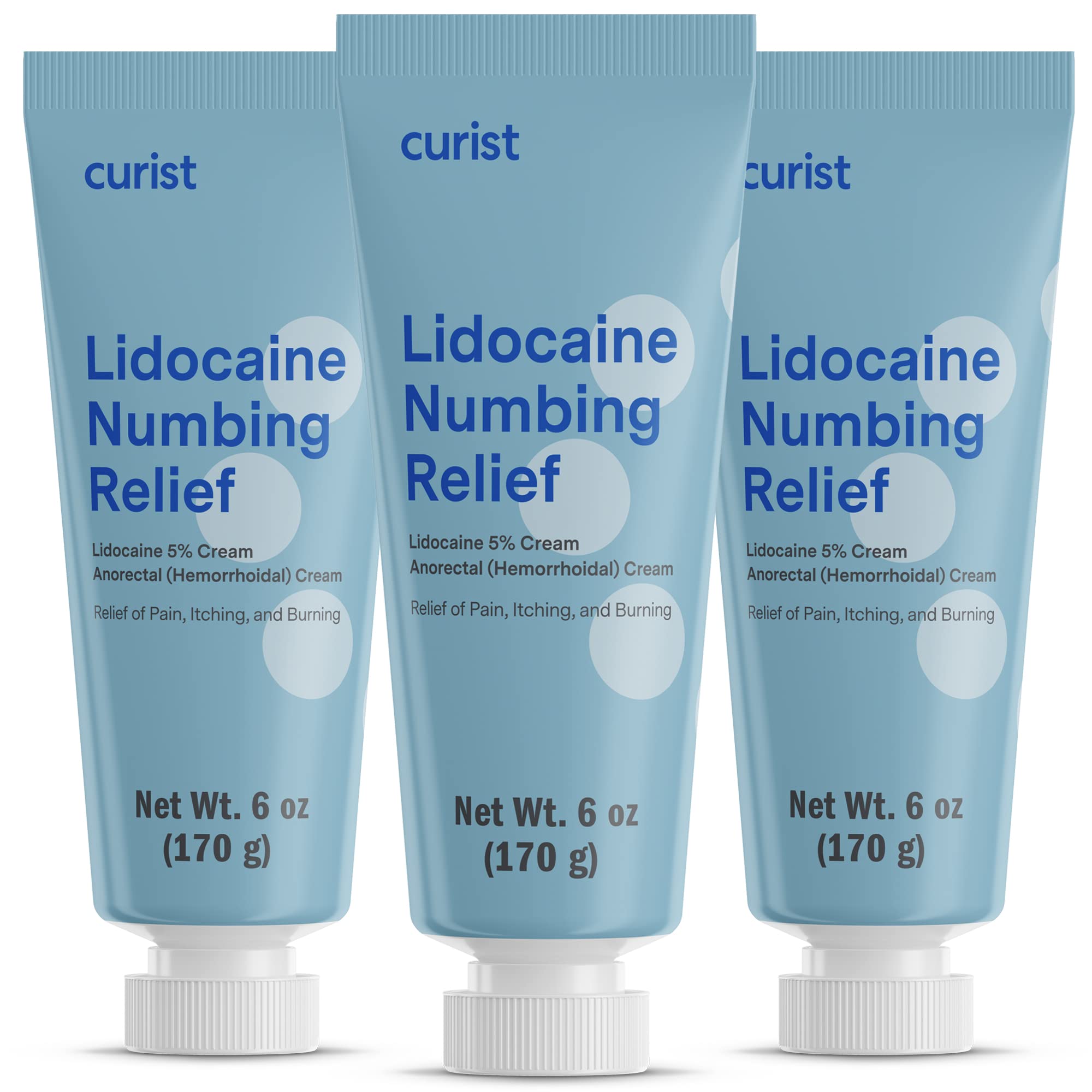 Curist 5% lidocaine cream tube front view showing product name for fast numbing relief