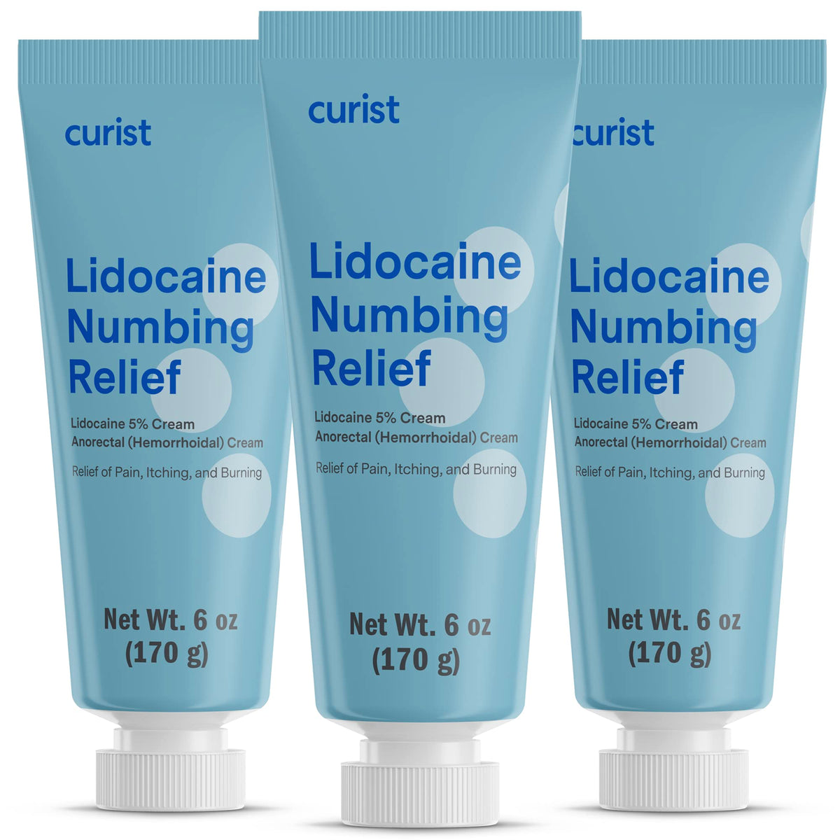 Curist 5% lidocaine cream tube front view showing product name for fast numbing relief