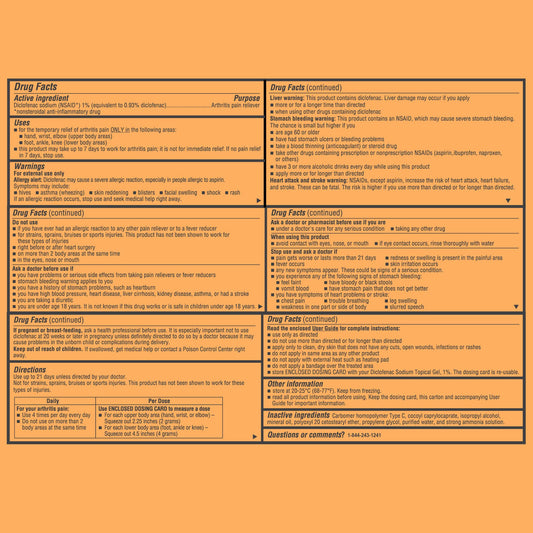 Curist 1% diclofenac gel tube back label and directions.