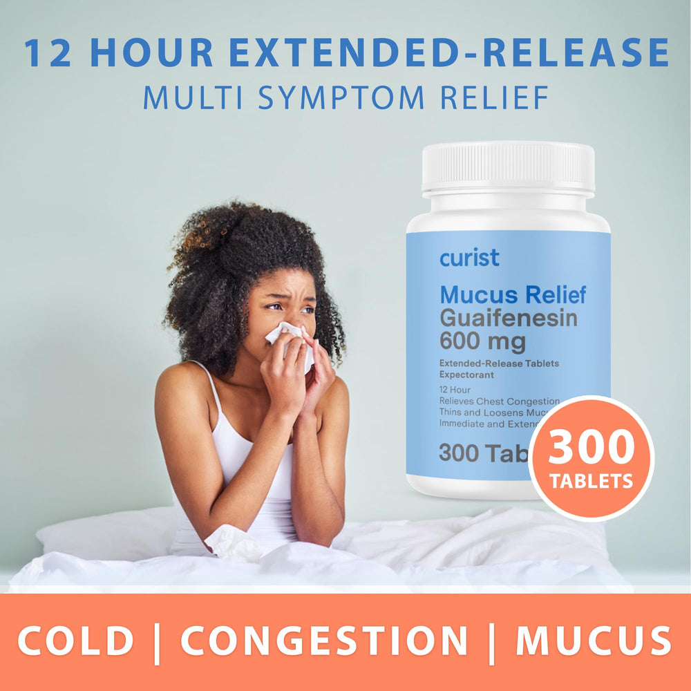 Curist dye-free formulation tablets close-up for dye-free, color-free mucus relief