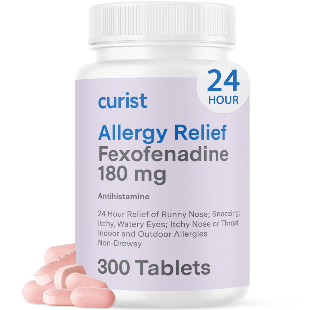Curist Fexofenadine 180mg bottle-front shows a 300-tablet supply for daily allergy relief.