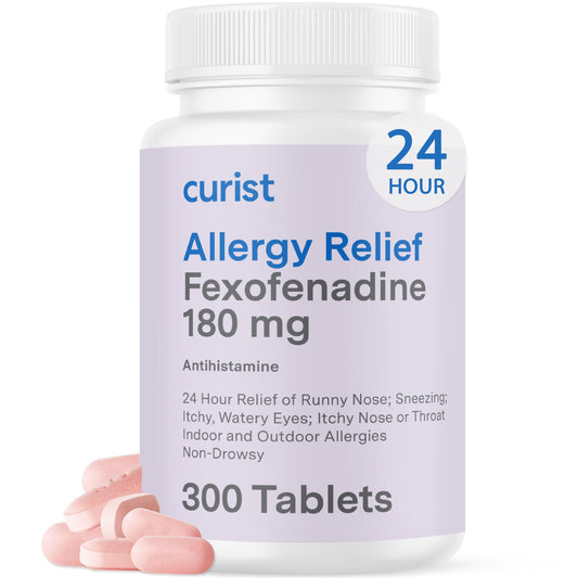 Curist Fexofenadine 180mg bottle-front shows a 300-tablet supply for daily allergy relief.