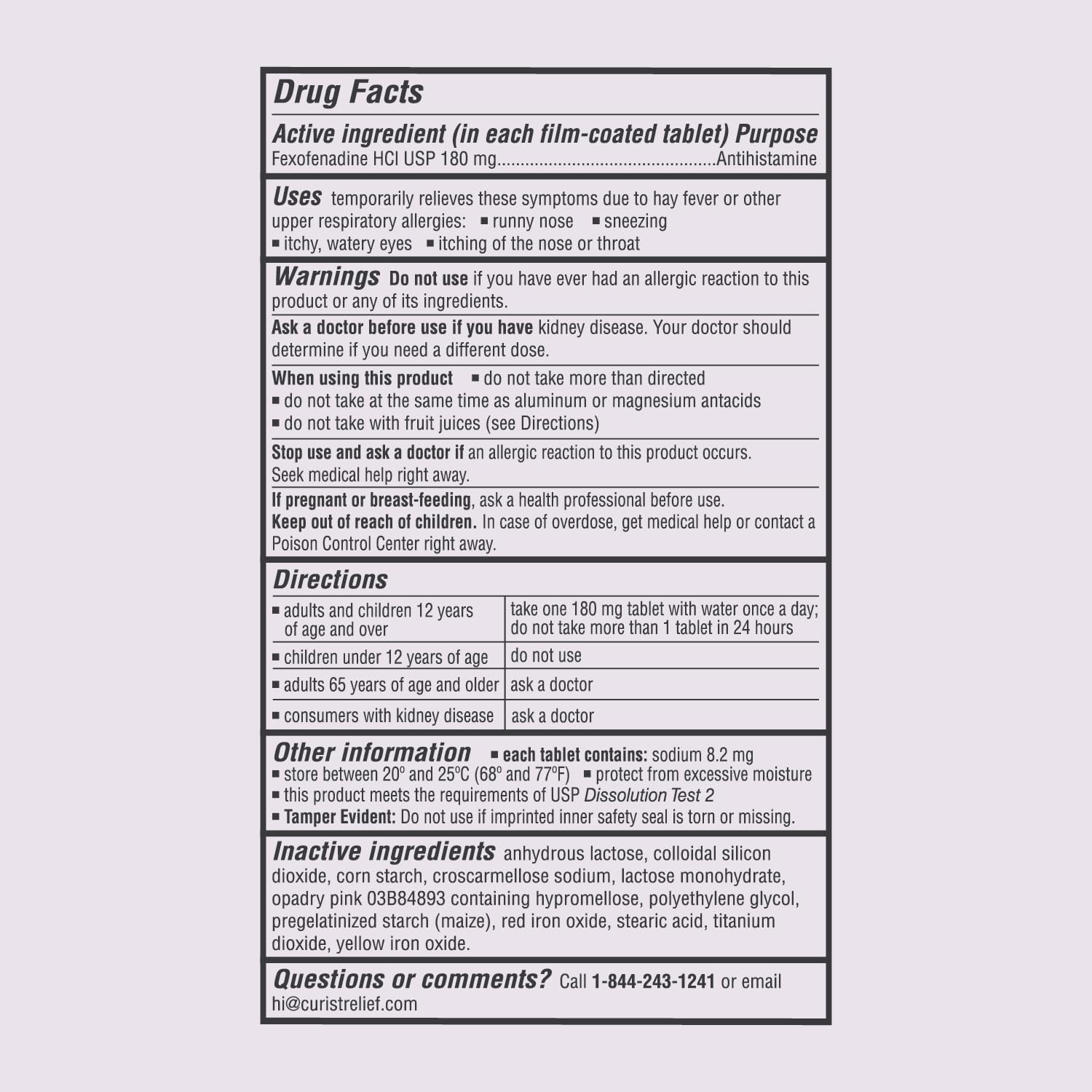 Curist Fexofenadine 180mg bottle-in-use suggests ready daily support.