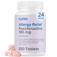 Curist fexofenadine 180 mg bottle label offers all-day allergy relief.