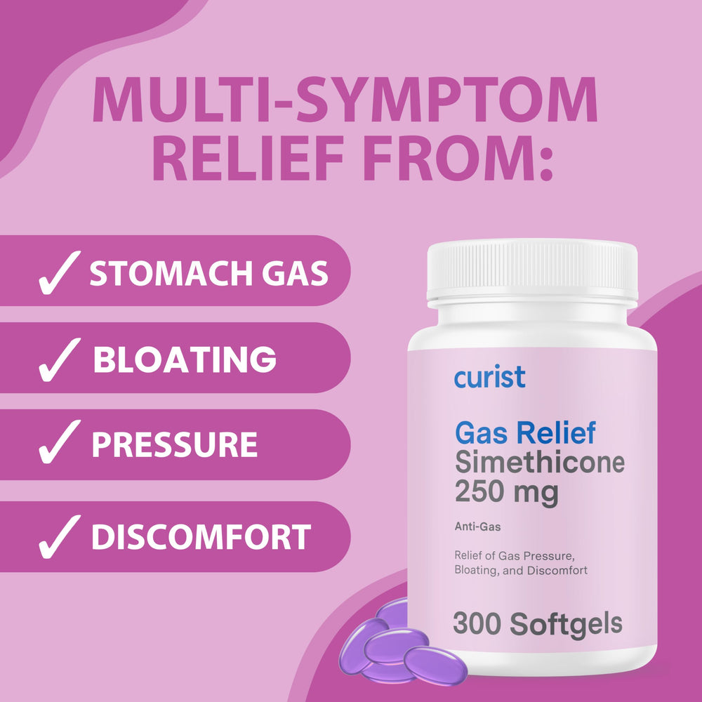 Curist Gas Relief Softgels bottle close-up label highlights 250 mg simethicone