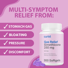 Curist Gas Relief Softgels bottle close-up label highlights 250 mg simethicone