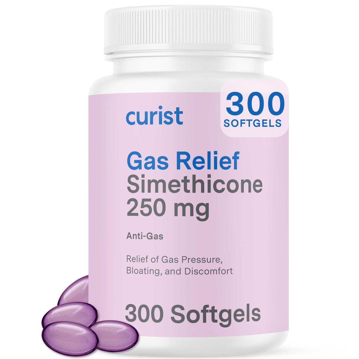 Curist Gas Relief Softgels bottle front view for quick gas relief
