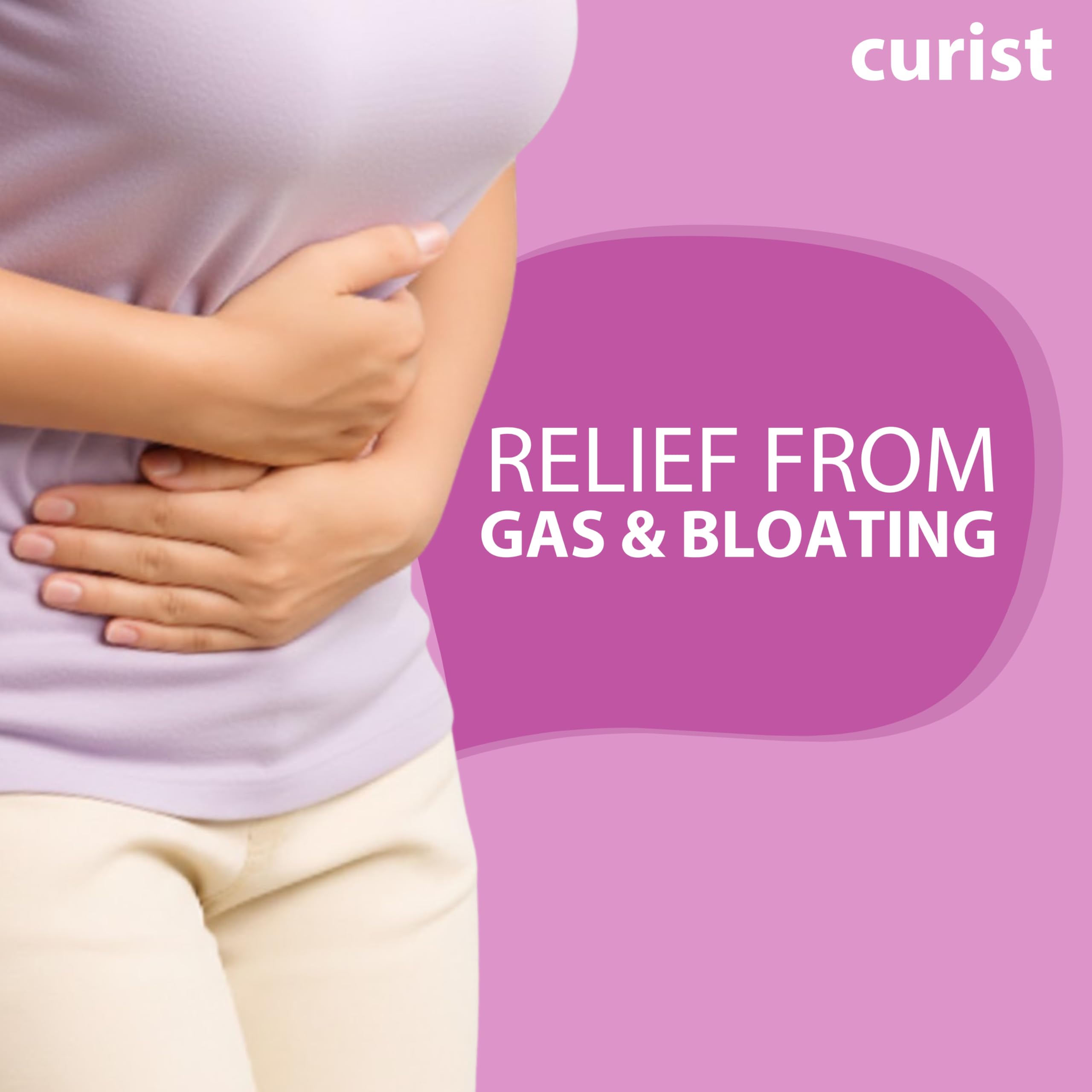 Curist Gas Relief Softgels with water demonstrates dosage after meals