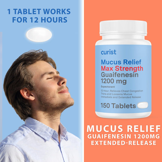 Curist Guaifenesin 1200 mg packaging highlights dye-free, salicylate-free formula.
