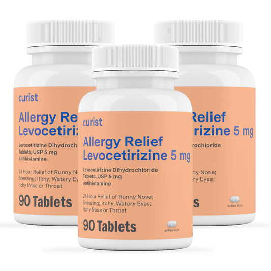 Curist levocetirizine 5mg bulk bottle showing 270-tablet supply for relief