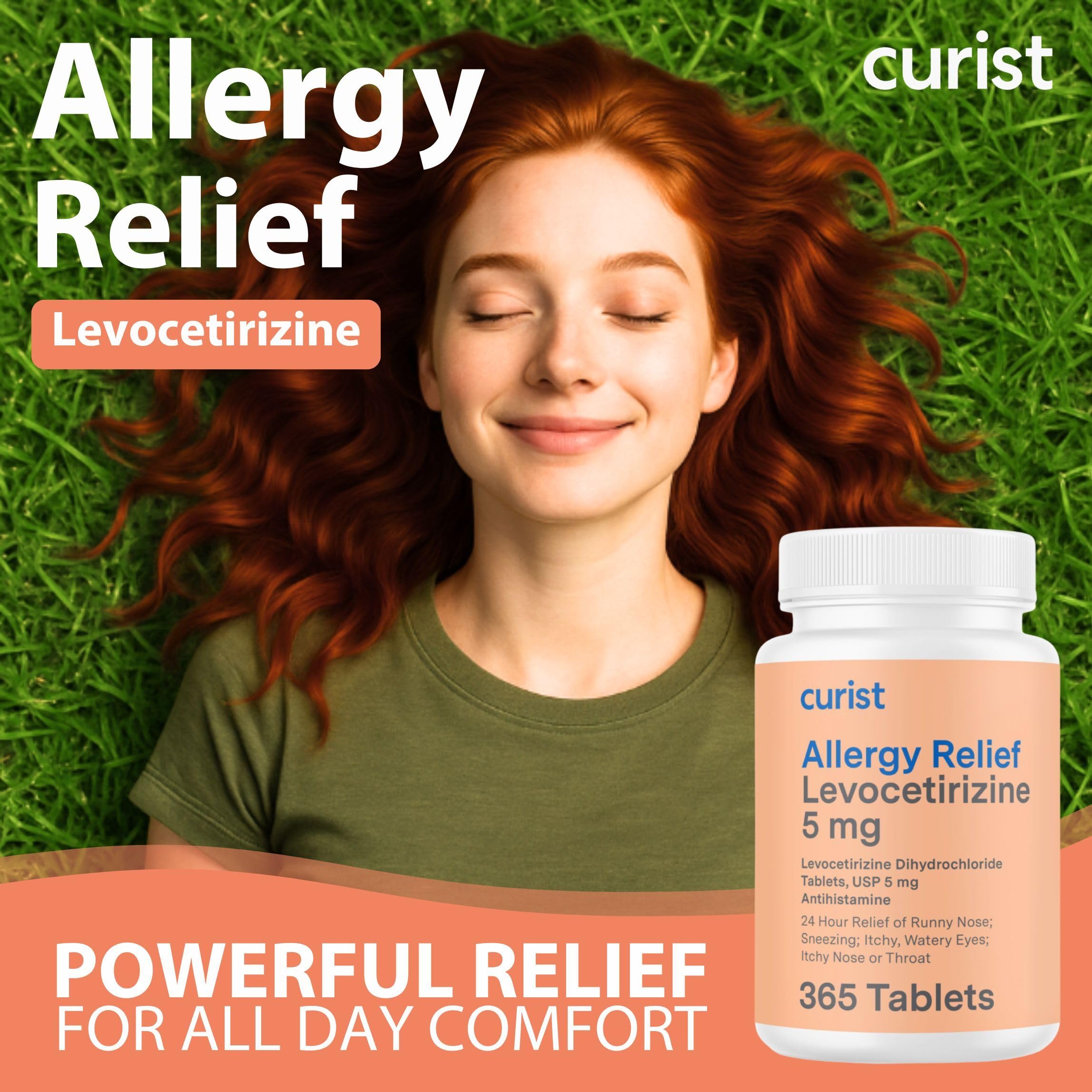 Curist Levocetirizine tablets close-up showing 5 mg dosage and packaging.