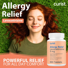 Curist Levocetirizine tablets close-up showing 5 mg dosage and packaging.