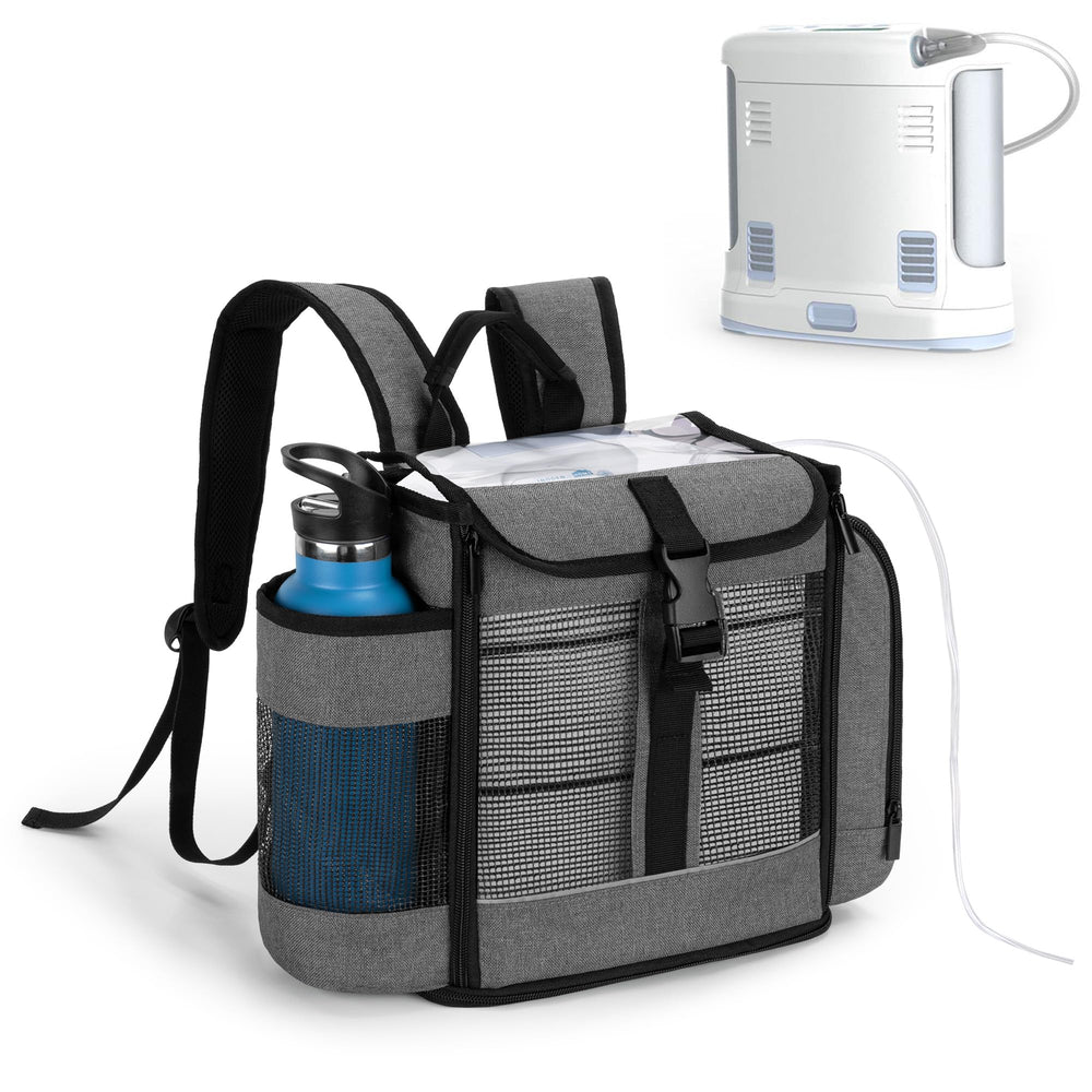 CURMIO oxygen concentrator backpack front view shows compact, travel-ready design.