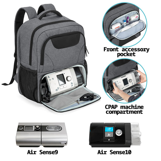 CURMIO CPAP backpack external storage provides quick access to essential cords and cards.