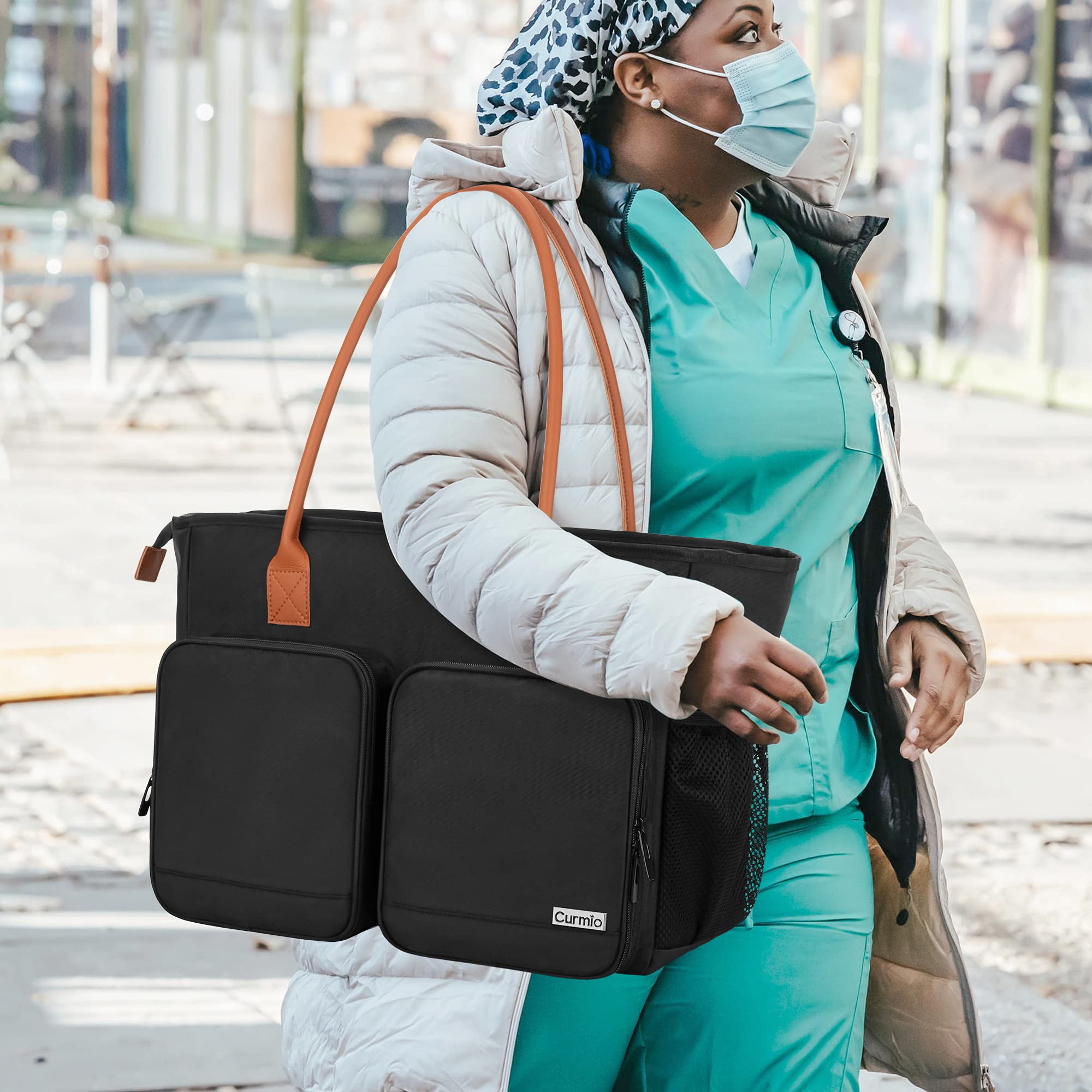 CURMIO Nurse Tote Bag front pockets with elastic loops organize small tools.