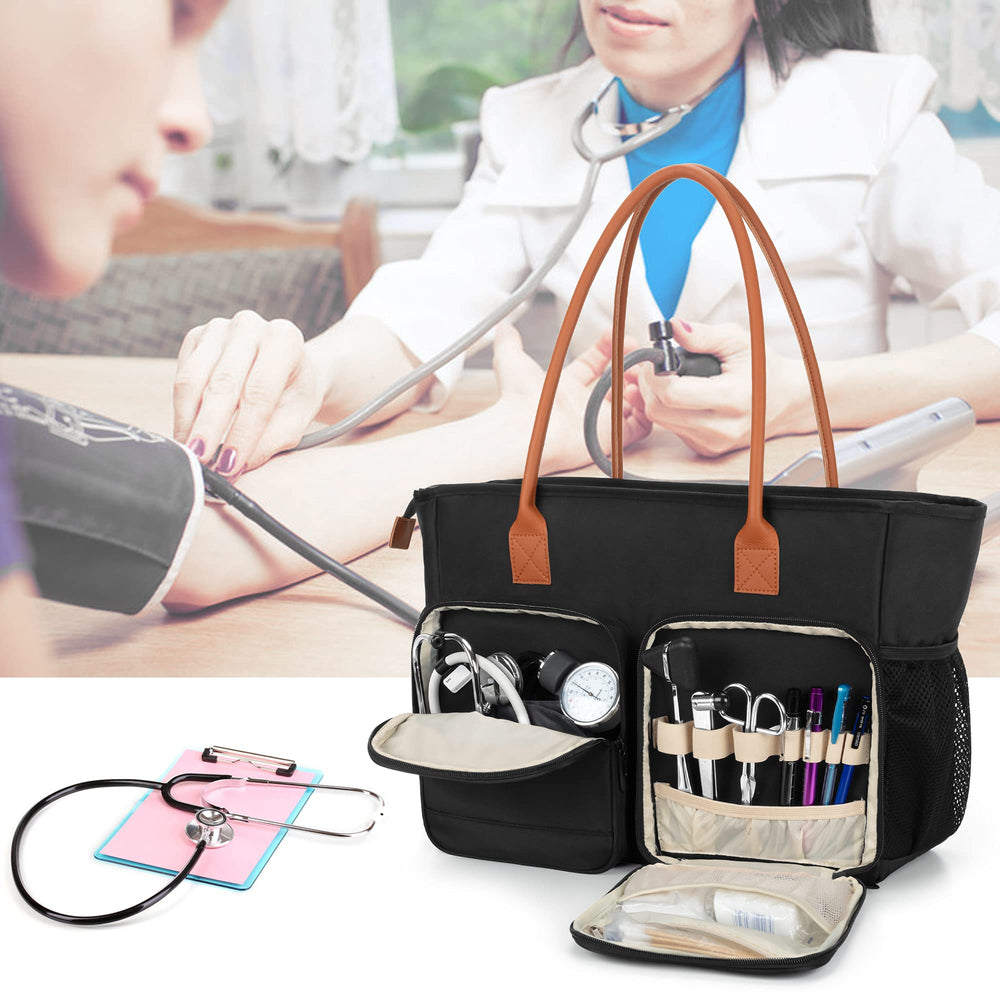CURMIO Nurse Tote Bag reinforced PU leather strap enables comfortable transport.