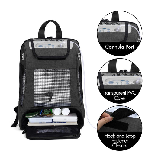 CURMIO backpack two-way zipper access simplifies loading and hose routing for oxygen generators