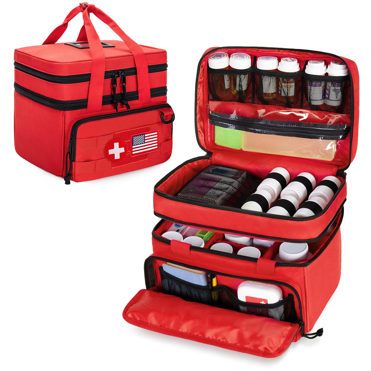 CURMIO Tactical Pill Bottle Organizer Case front pocket for quick medication access.