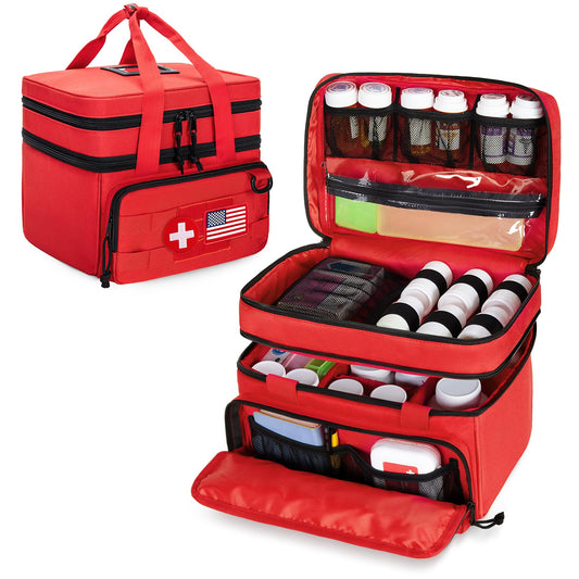 CURMIO Tactical Pill Bottle Organizer Case front pocket for quick medication access.