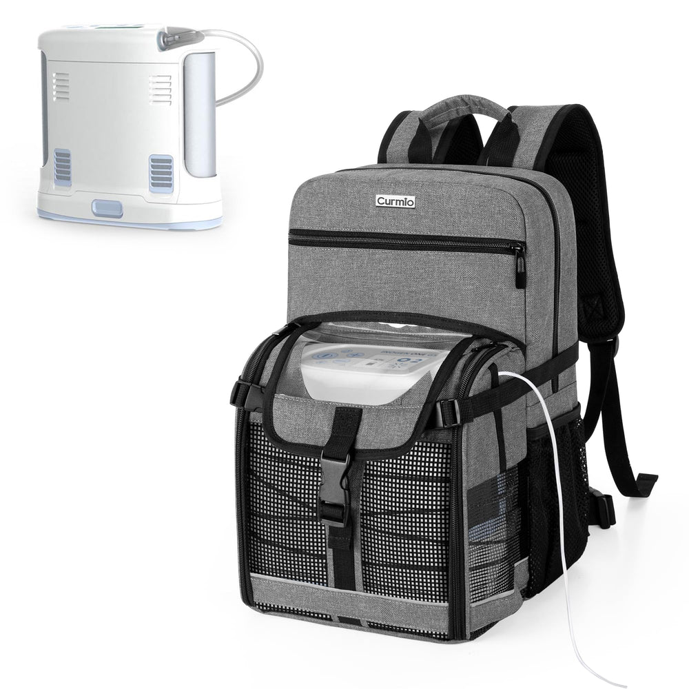 CURMIO travel backpack with side-opening design keeps oxygen concentrator cables organized