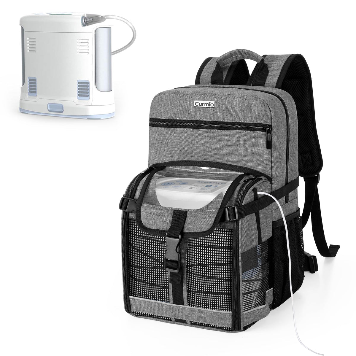 CURMIO travel backpack with side-opening design keeps oxygen concentrator cables organized