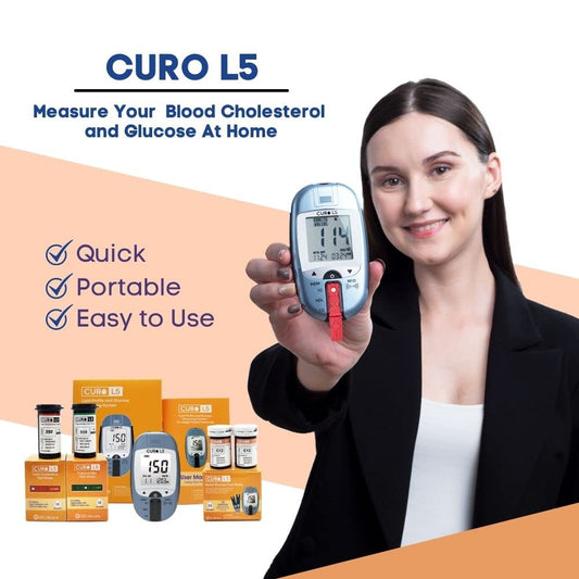 CURO L5 test strips packaging ready for quick cholesterol checks at home.