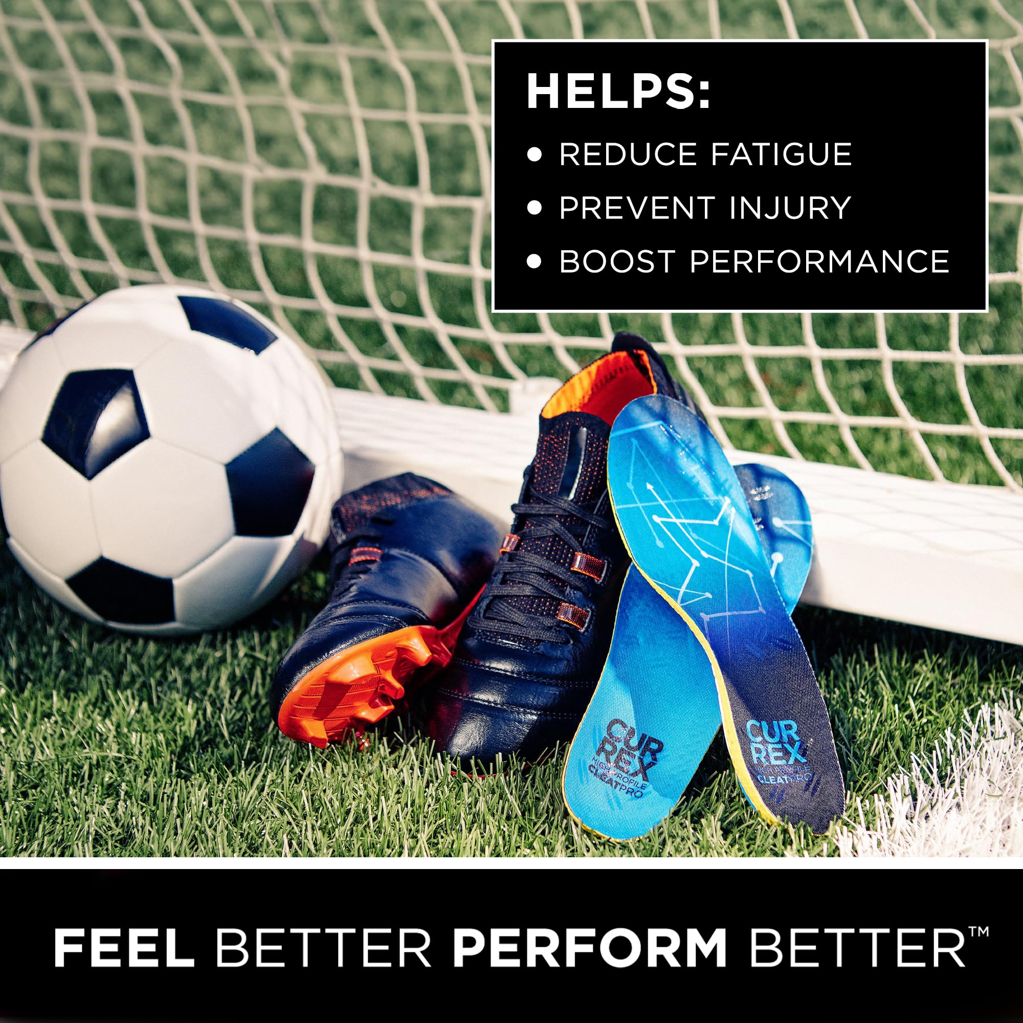 Currex CLEATPRO cushioning enhances comfort during long soccer sessions.
