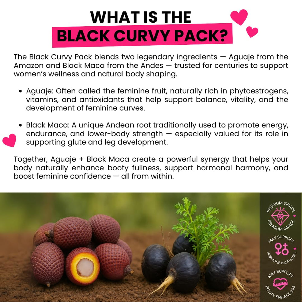 Curvy Fruit Aguaje Black Maca capsules close-up highlighting plant-based formula