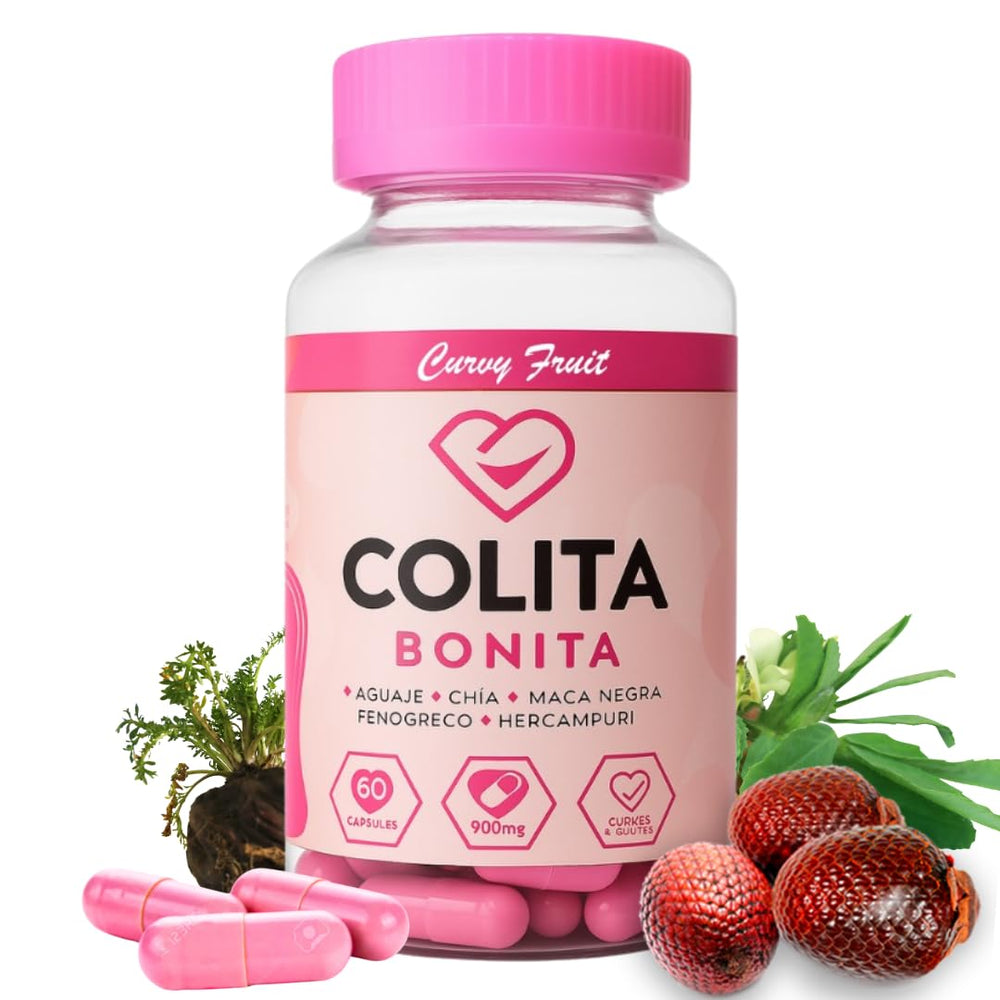Curvy Fruit Colita Bonita Aguaje bottle shows natural curve support in vegan capsules