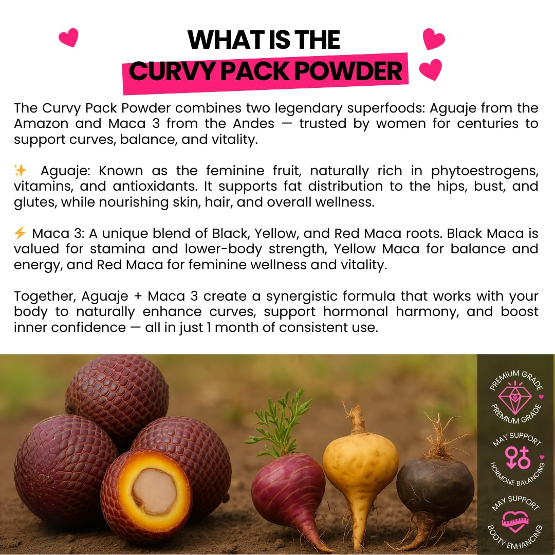 Curvy Fruit Maca 3 powder pouch aids energy and feminine fullness.