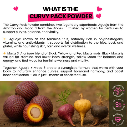 Curvy Fruit Maca 3 powder pouch aids energy and feminine fullness.