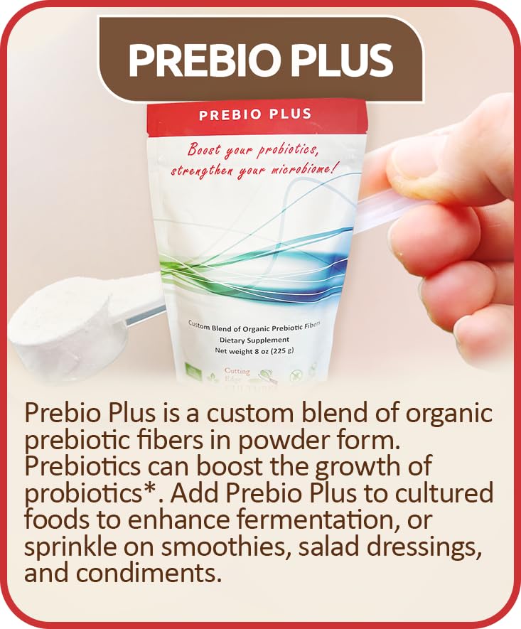 Prebio Plus powder with a scoop for convenient blending into beverages.