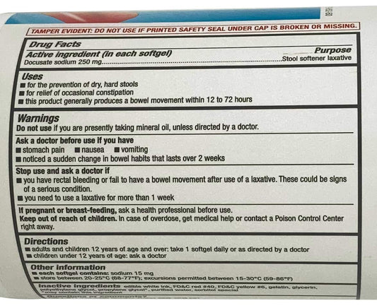 CVS Health Docusate Sodium softgel capsules shown in packaging, convenient everyday use.
