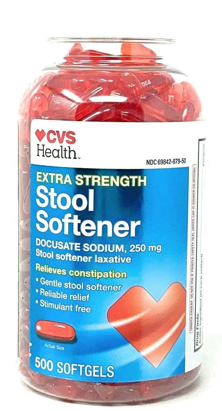 CVS Health Extra Strength Stool Softener softgels bottle, gentle relief for occasional constipation