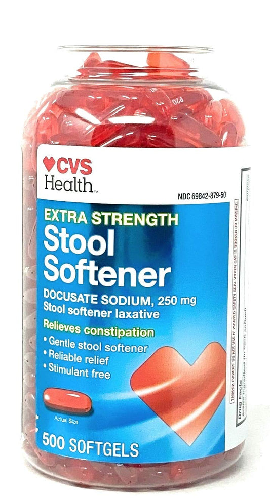 CVS Health Extra Strength Stool Softener softgels bottle, gentle relief for occasional constipation