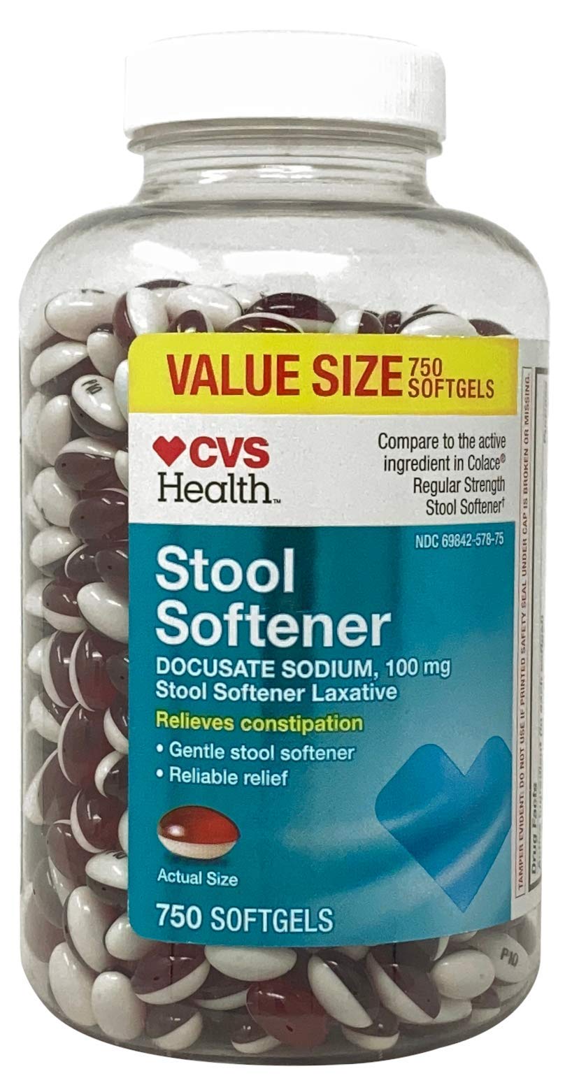 CVS Health Stool Softener softgels bottle for gentle relief and regularity.