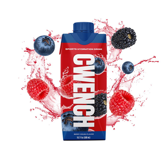 CWENCH Hydration Berry Crush bottle back label highlights six electrolytes for balanced hydration