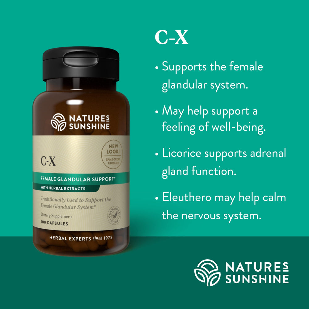 Nature's Sunshine C-X Herbal label design highlights ingredients for glandular support