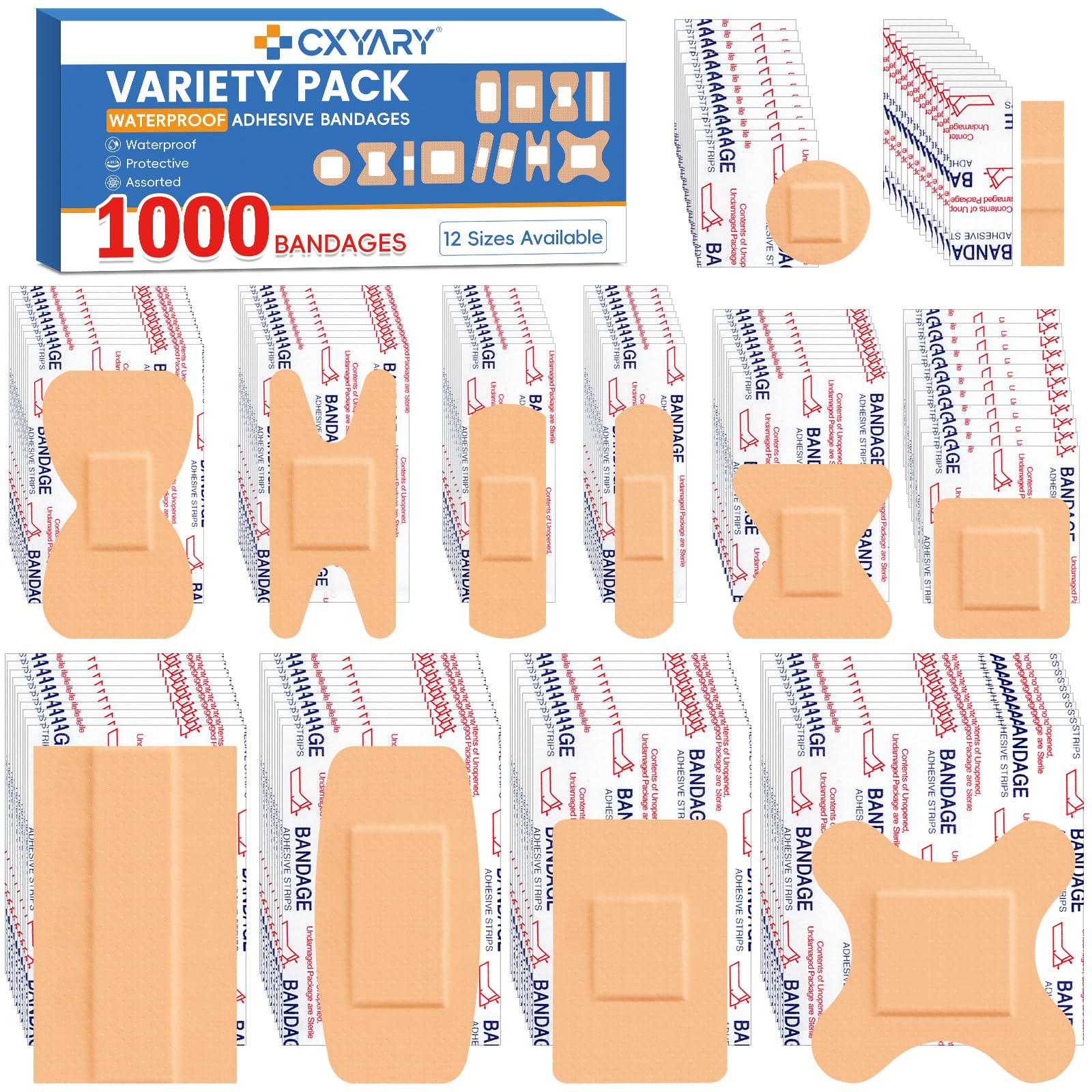 CXYARY 1000-count bandages in assorted bulk pack for quick home first aid.