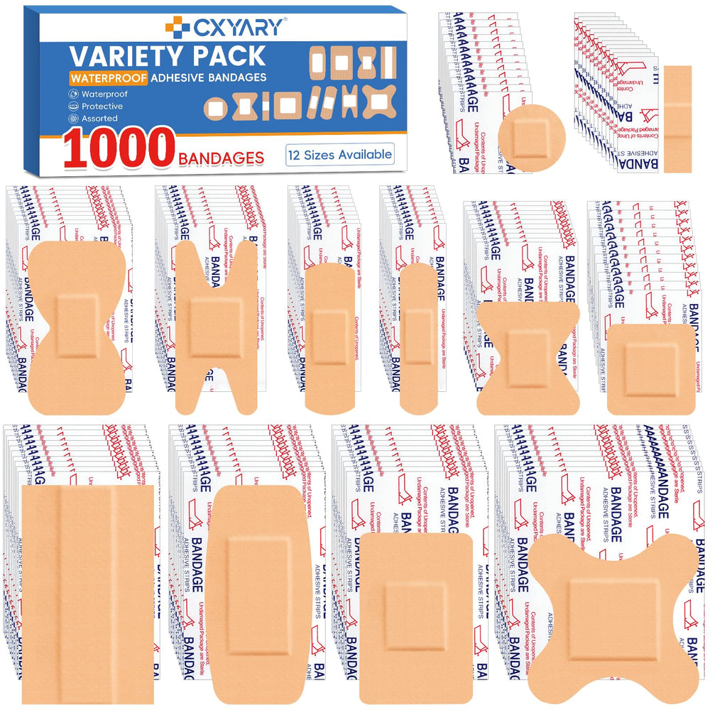 CXYARY 1000-count bandages in assorted bulk pack for quick home first aid.