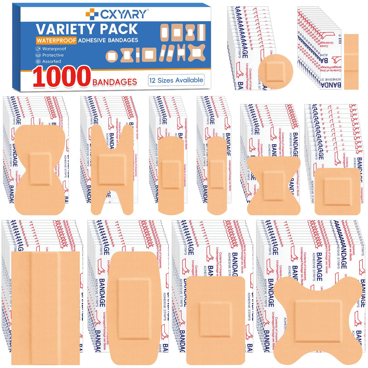 CXYARY 1000-count bandages in assorted bulk pack for quick home first aid.