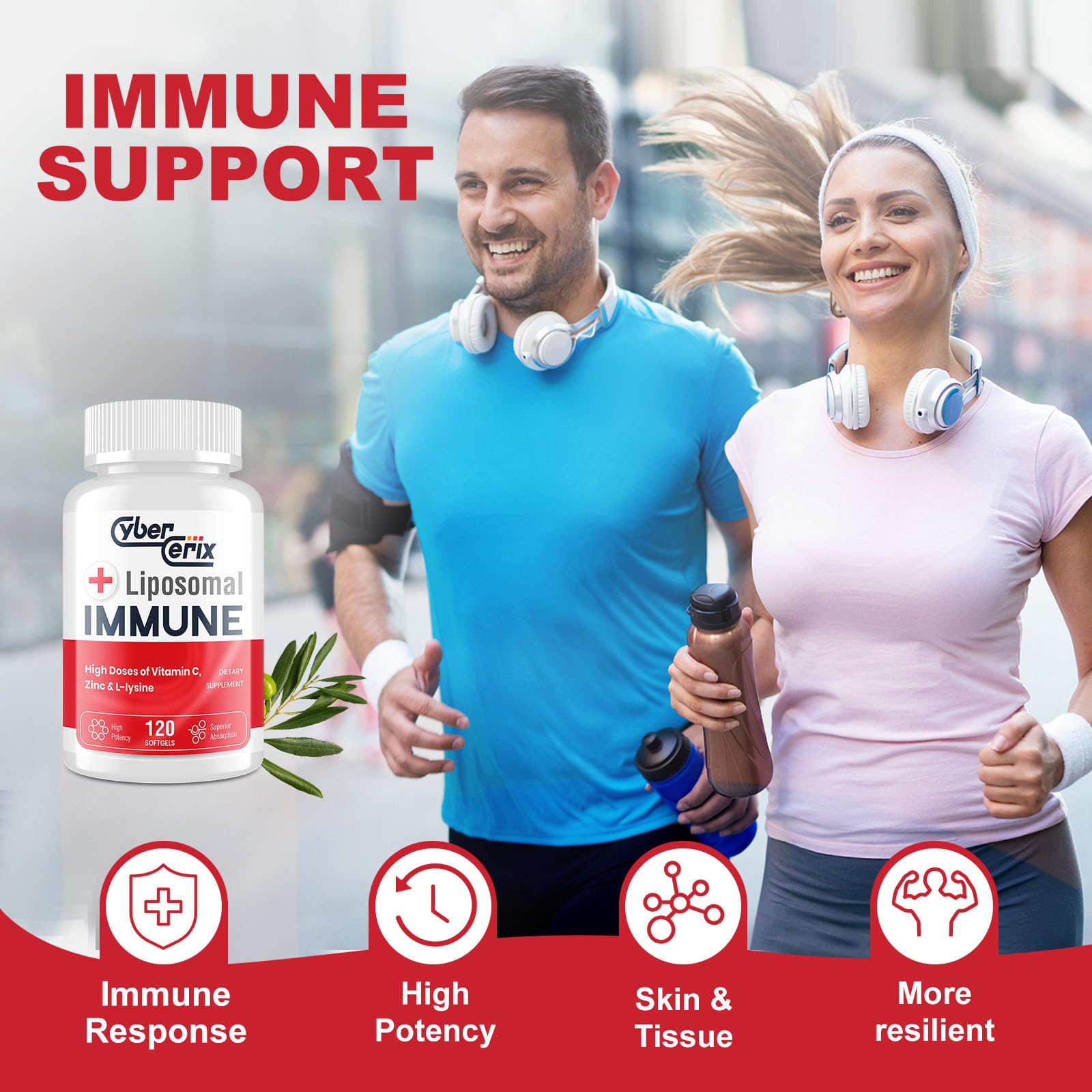 The CyberCerix Liposomal Immune Support bottle sits on a table for routine wellness.