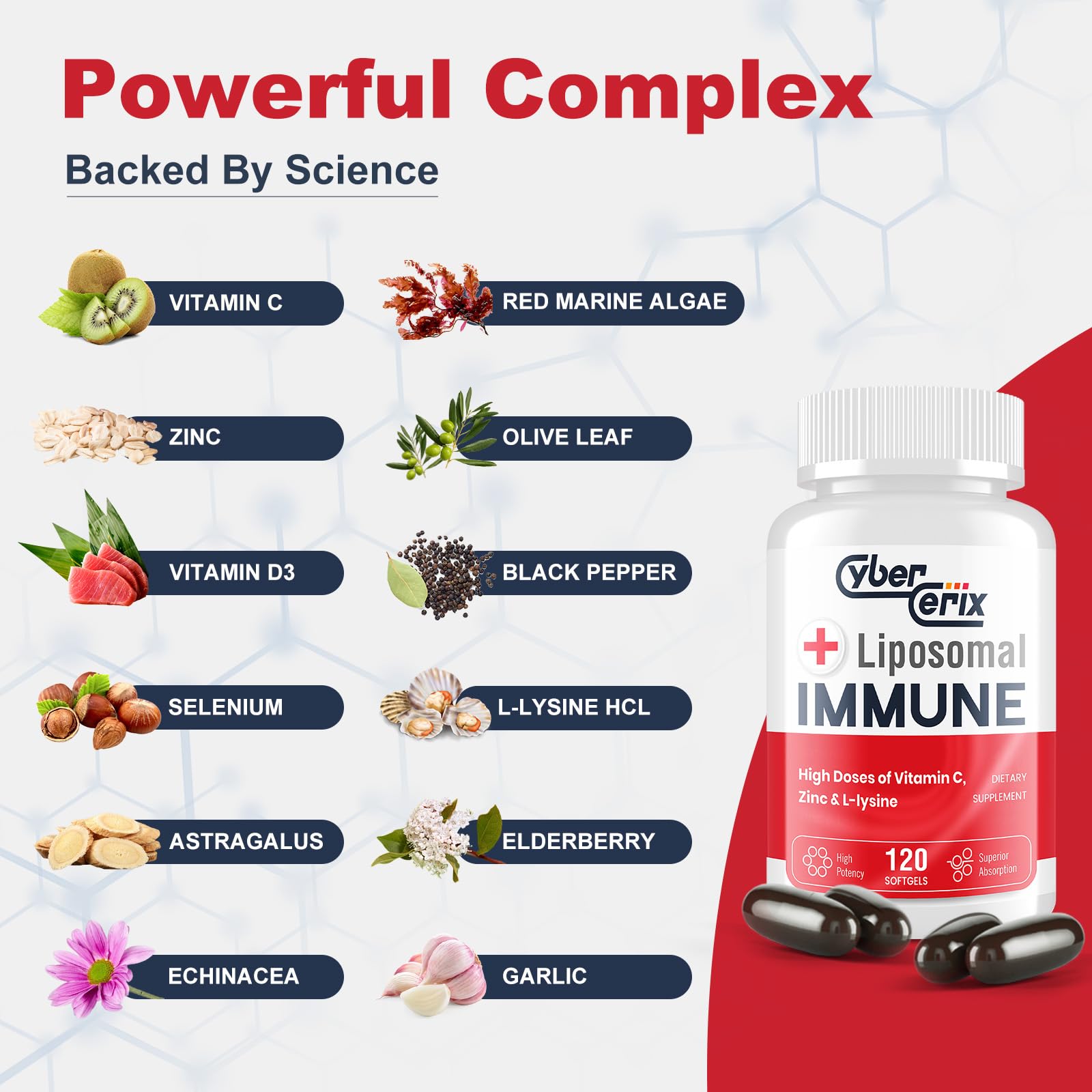 The CyberCerix Liposomal Immune Support ingredients chart displays lysine and vitamins.