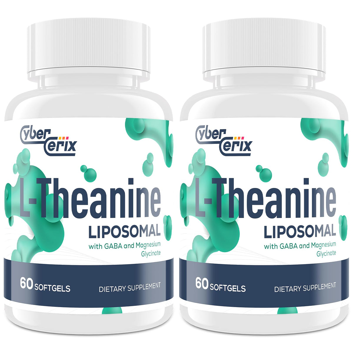 CyberCerix liposomal L-Theanine 500mg bottle highlights high potency capsules
