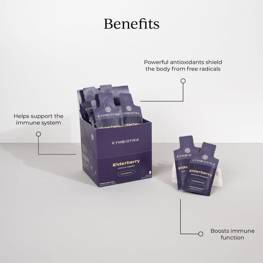 CYMBIOTIKA elderberry liquid close-up highlighting vitamin C boost.