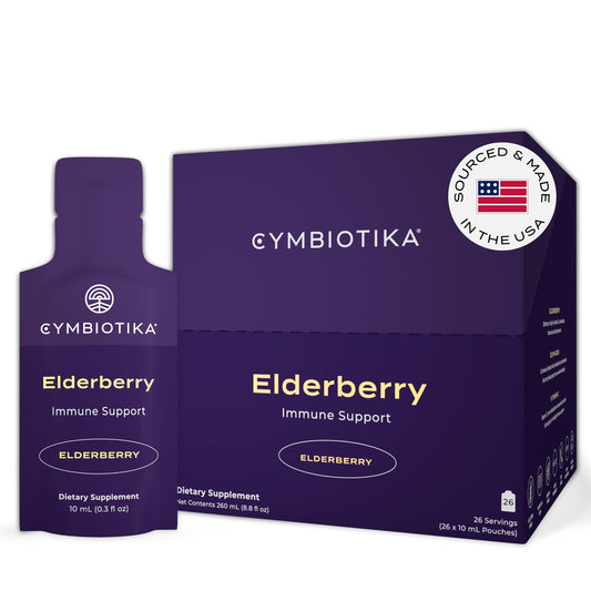 CYMBIOTIKA elderberry syrup pouch being poured for convenient daily immune support.
