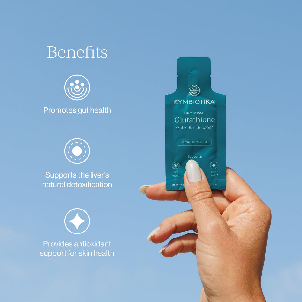 CYMBIOTIKA glutathione liquid dropper demonstrates convenient dosing for daily energy support.