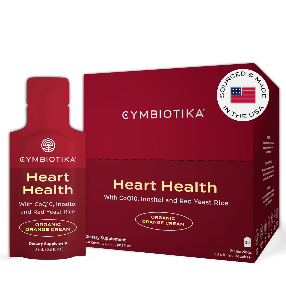 CYMBIOTIKA Heart Health bottle-pour shows liposomal CoQ10 for easy daily use.