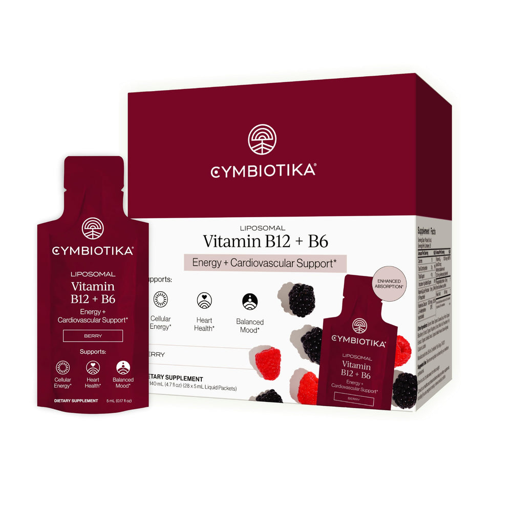 CYMBIOTIKA liposomal B12 + B6 packets front view for on-the-go energy support.