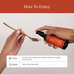 CYMBIOTIKA liposomal B12 liquid dispensing on tongue for convenient dosing.